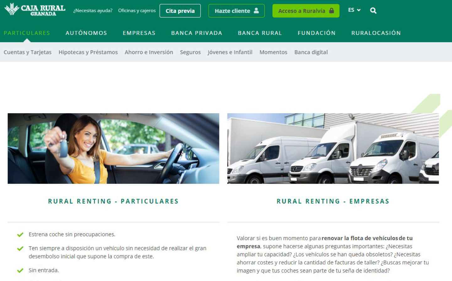 Captura de la sección de renting de la web de Caja Rural Granada